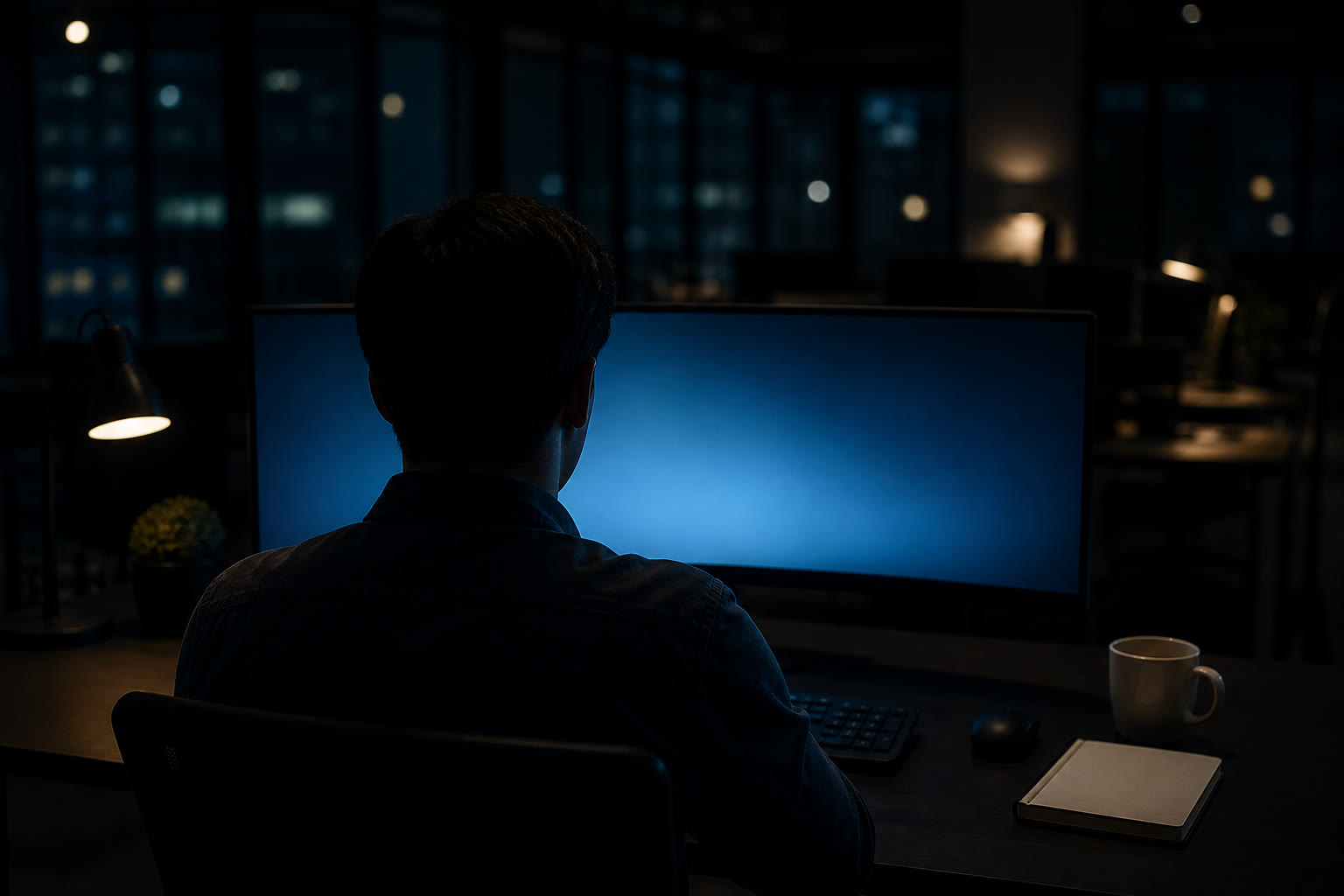 One analyst seen from behind at a desk in a dark office, a single ultrawide monitor showing indistinct blue glow, a notebook and coffee beside the keyboard.