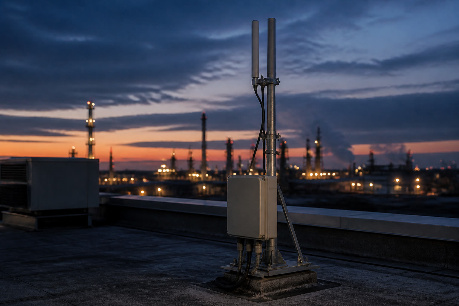 A short antenna mast on a commercial rooftop at dusk, two small omnidirectional antennas and a weatherproof enclosure at its base.