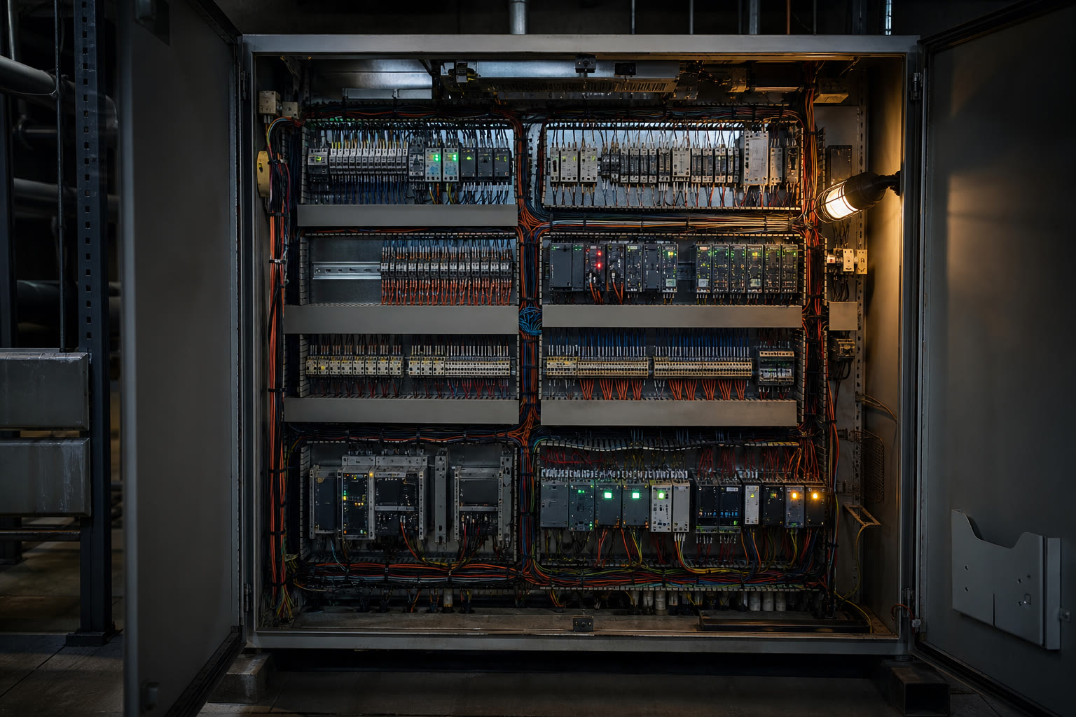 A large open building-management control panel in a plant room, rows of terminal blocks and field wiring in numbered looms with relays and controllers on DIN rail.