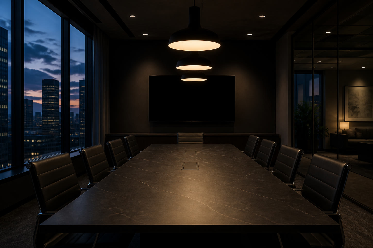An empty boardroom in the evening, a long table with chairs pushed in and a dark wall-mounted display, pendant lights above and a city view beyond.