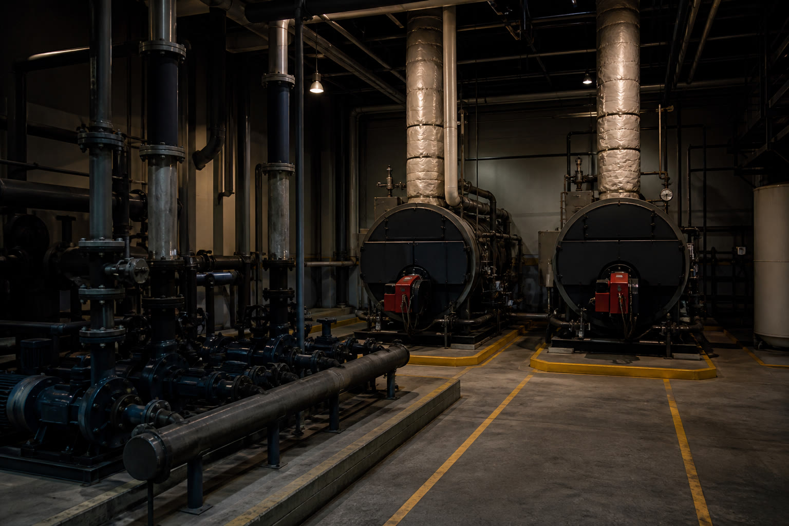 A commercial boiler room, two large packaged boilers with insulated flue connections rising to the ceiling, pumps and headers in the foreground.