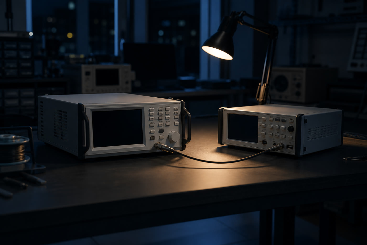 A calibration bench at night, a precision reference instrument and a device under test side by side with a short interconnect between them.