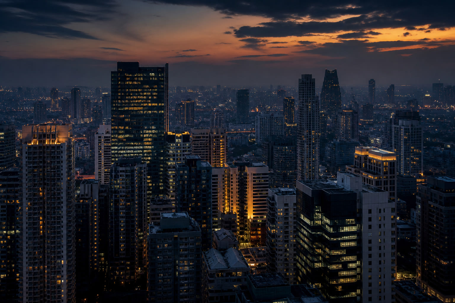 A dense South East Asian city skyline at dusk seen from a high vantage, generic commercial towers of mixed heights with lit floors and low haze catching the last light.