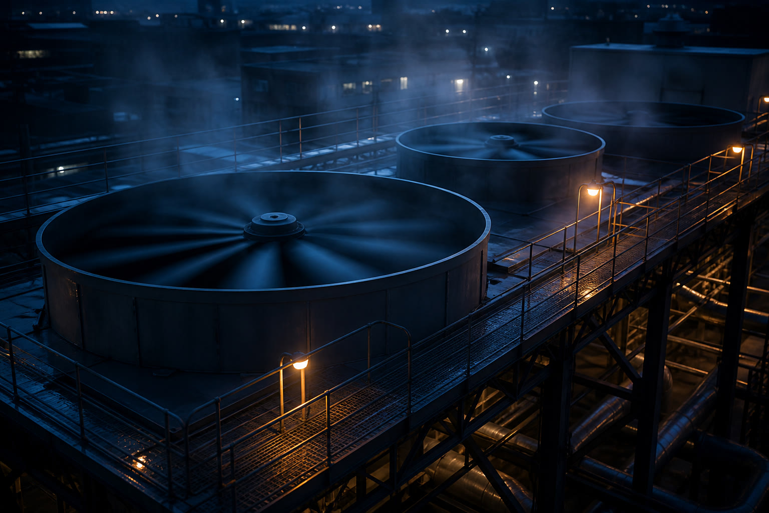 The fan decks of rooftop cooling towers at blue hour, large shrouded fans and access walkways with faint water vapour drifting above the structural steel.