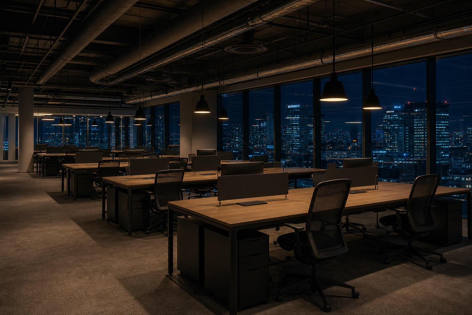 An open-plan corporate office floor in the evening after hours, empty desks in rows under warm pendant lighting, with a dark city skyline through floor-to-ceiling glazing.
