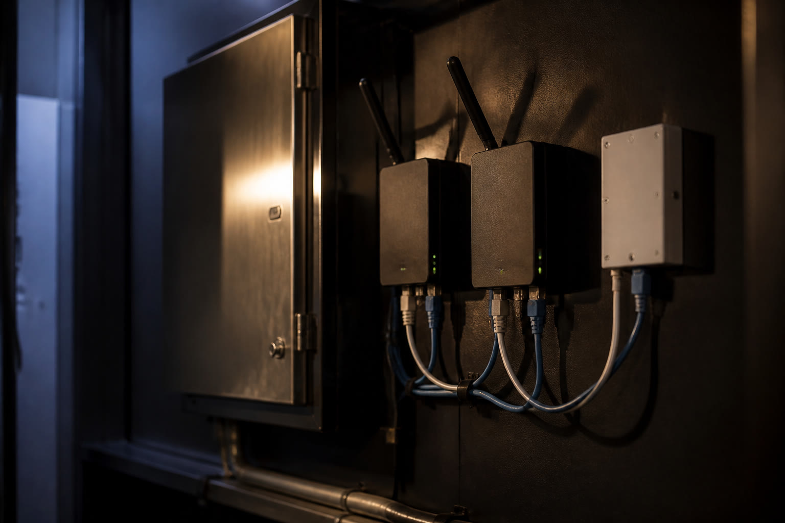 A wall-mounted industrial enclosure in a building riser, two small gateway devices with stubby antennas and patch leads, tiny link LEDs lit.