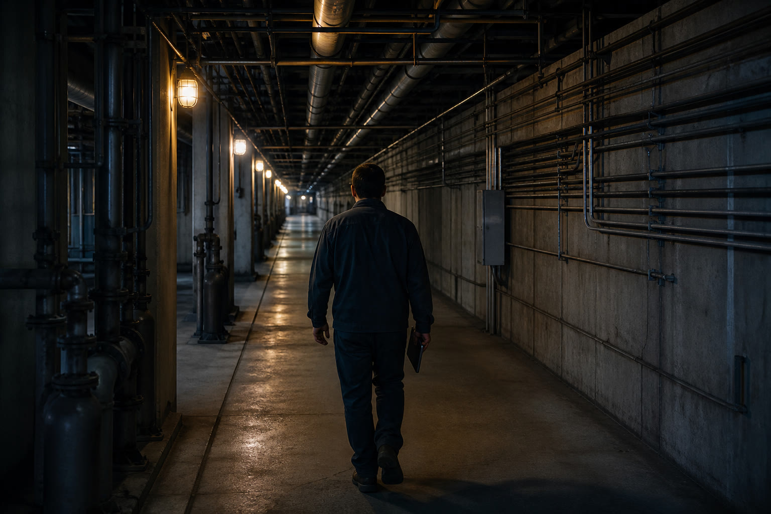 A facilities technician seen from behind walking a service corridor at night, carrying a tablet held low, overhead pipework and conduit running the length of the corridor.