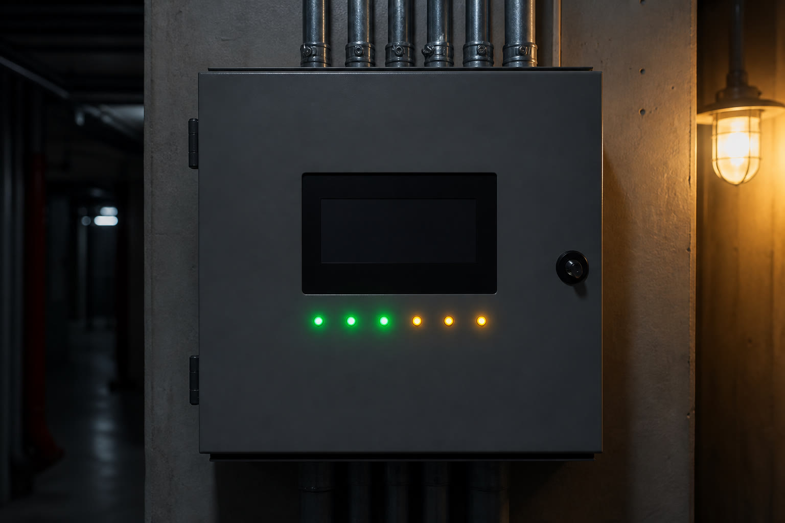 A life-safety control panel in a building riser at night, a plain enclosure with a row of small indicator lamps lit green and amber, conduit entering from above.