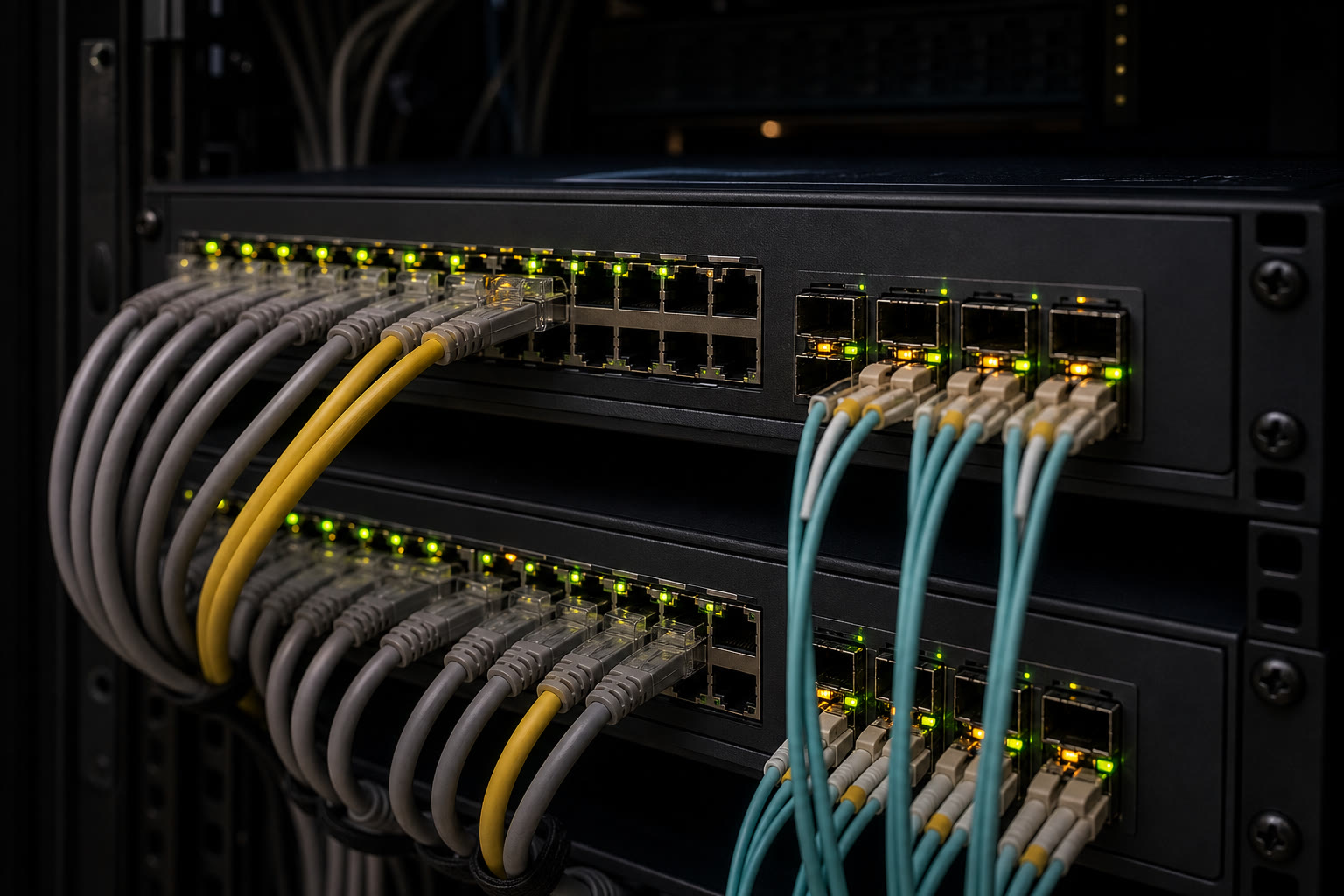 A close view of two rack-mounted network appliances with rows of copper and fibre ports, patch leads landed in order and port lights lit.