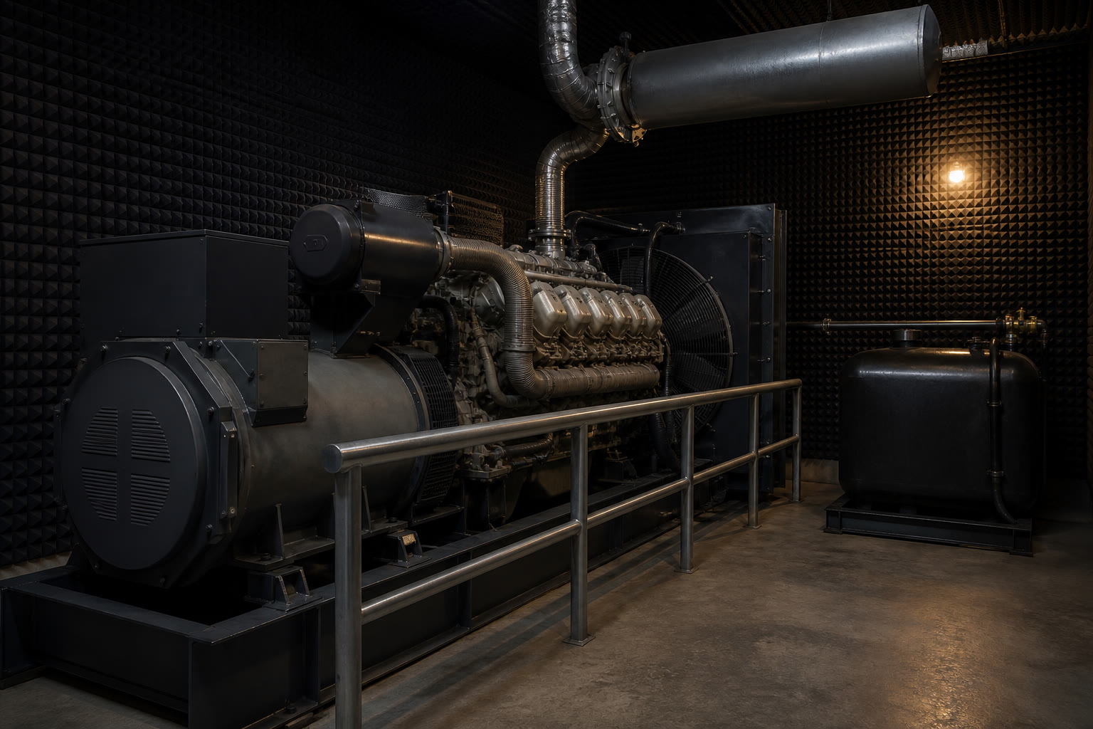 A standby diesel generator set in an acoustically lined plant room, the alternator and engine block behind a guard rail with the exhaust silencer overhead.