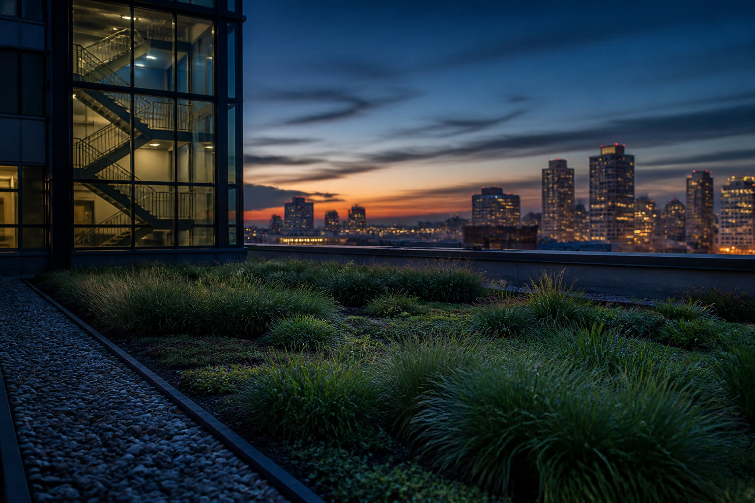 A planted green roof terrace on a commercial building at dusk, low grasses and sedum beds with a gravel margin and a glazed stair core behind.
