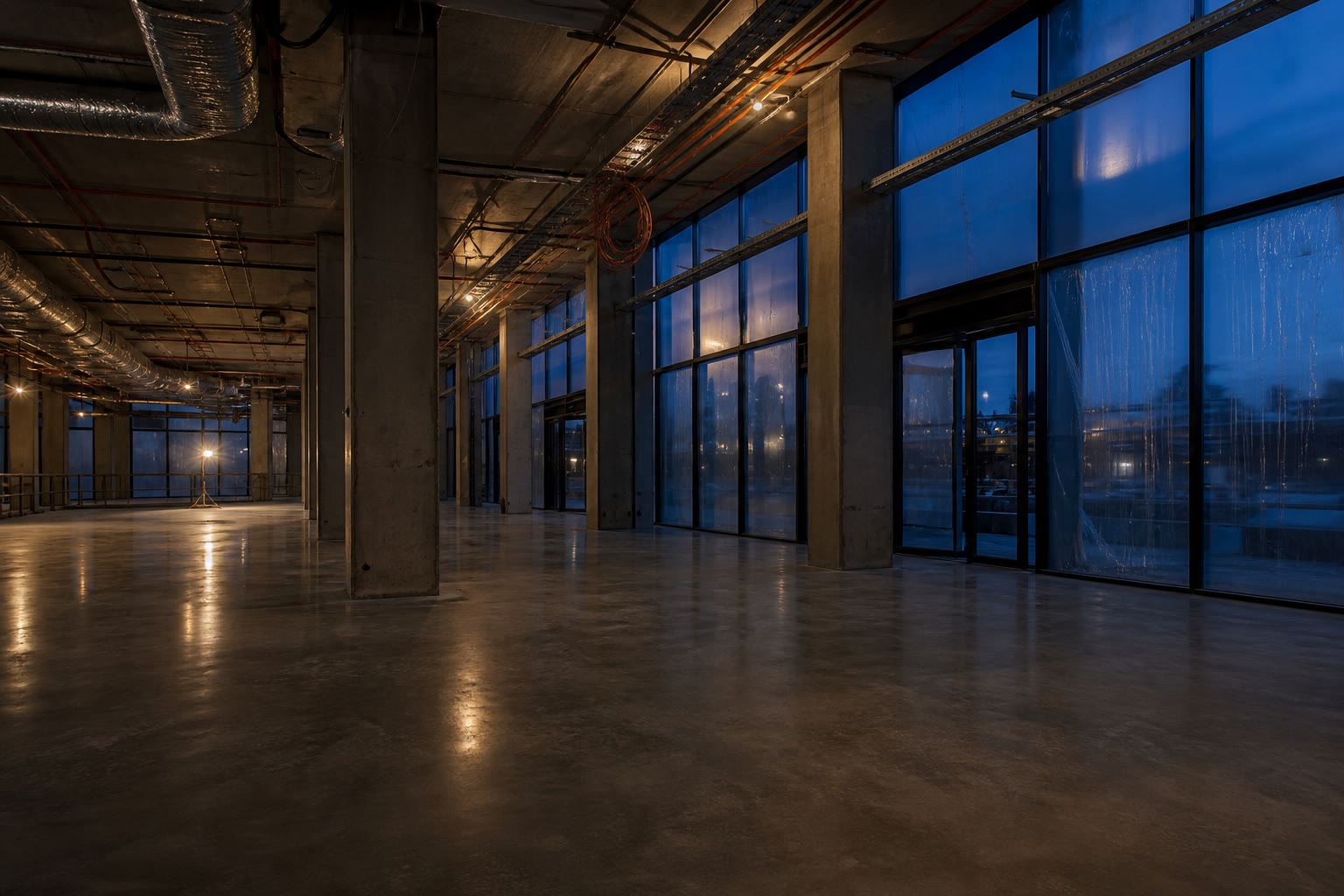 The interior of a nearly finished commercial building at dusk, polished concrete floor, exposed ceiling services and protective film still on the glazing.