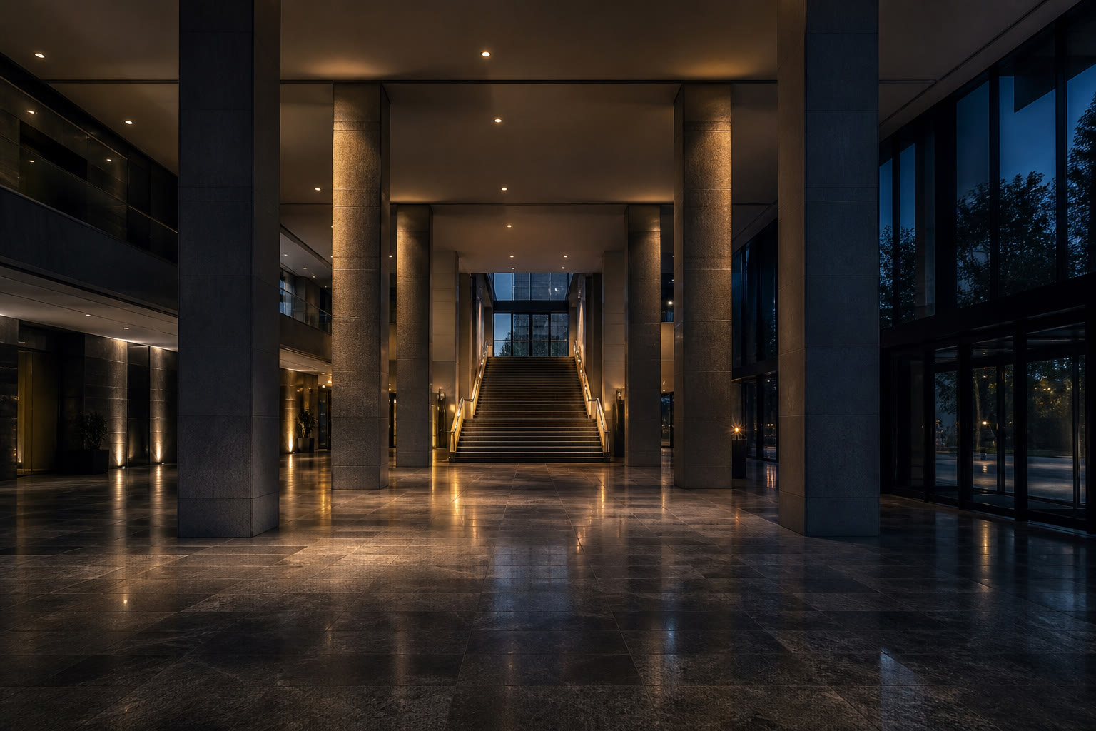 The entrance hall of a large institutional building at dusk, stone floor and tall columns, a broad staircase beyond and glass doors showing the darkening exterior.