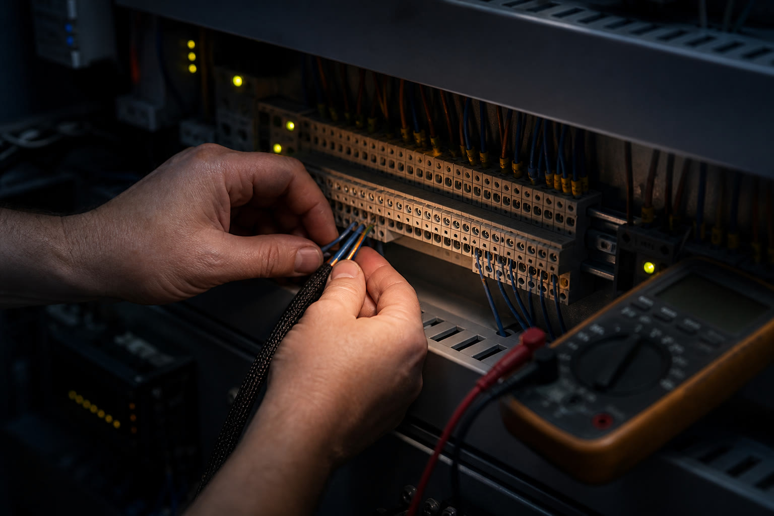 An engineer's hands working inside an open controls panel, connecting a wiring loom to DIN-rail terminals with a multimeter resting on the panel edge.