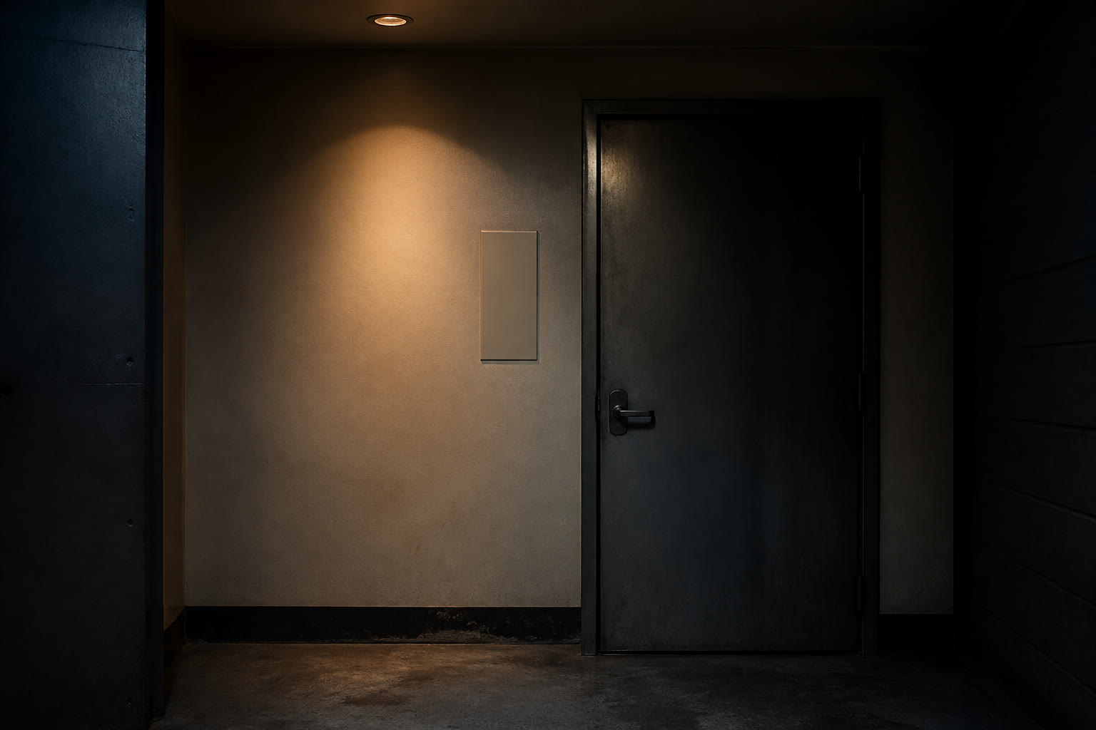 A dim back-of-house lobby at night with a plain blank wall plate beside a steel door, one warm downlight above and worn floor below.