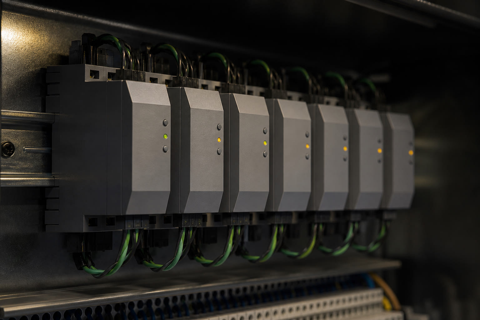 A close view of identical grey modules on DIN rail inside a lighting board, small programming buttons and status lights, a twisted pair bus cable looping between them.