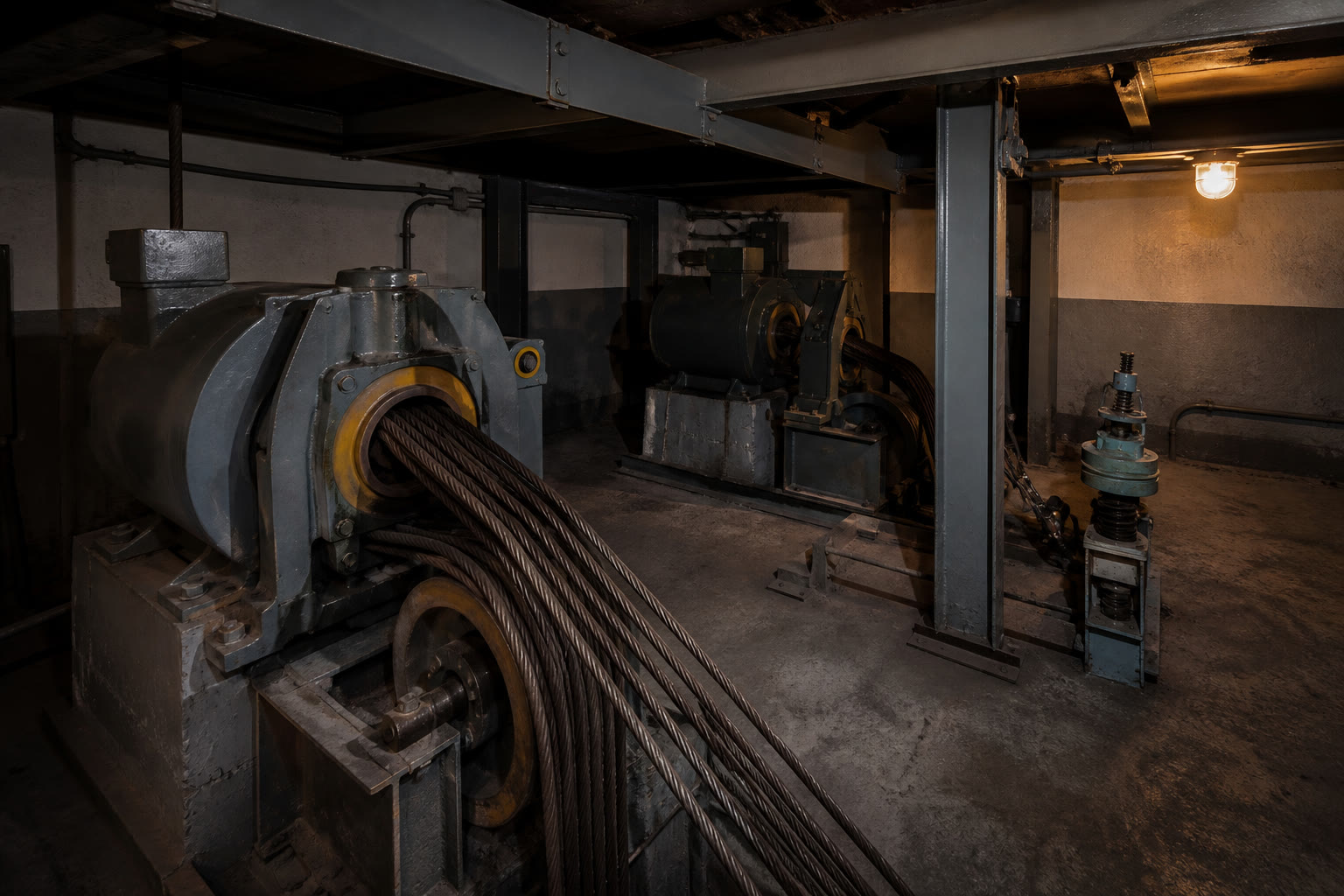 A lift machine room at the top of a building, geared traction machines with ropes running over sheaves and an overspeed governor beside painted steel beams.