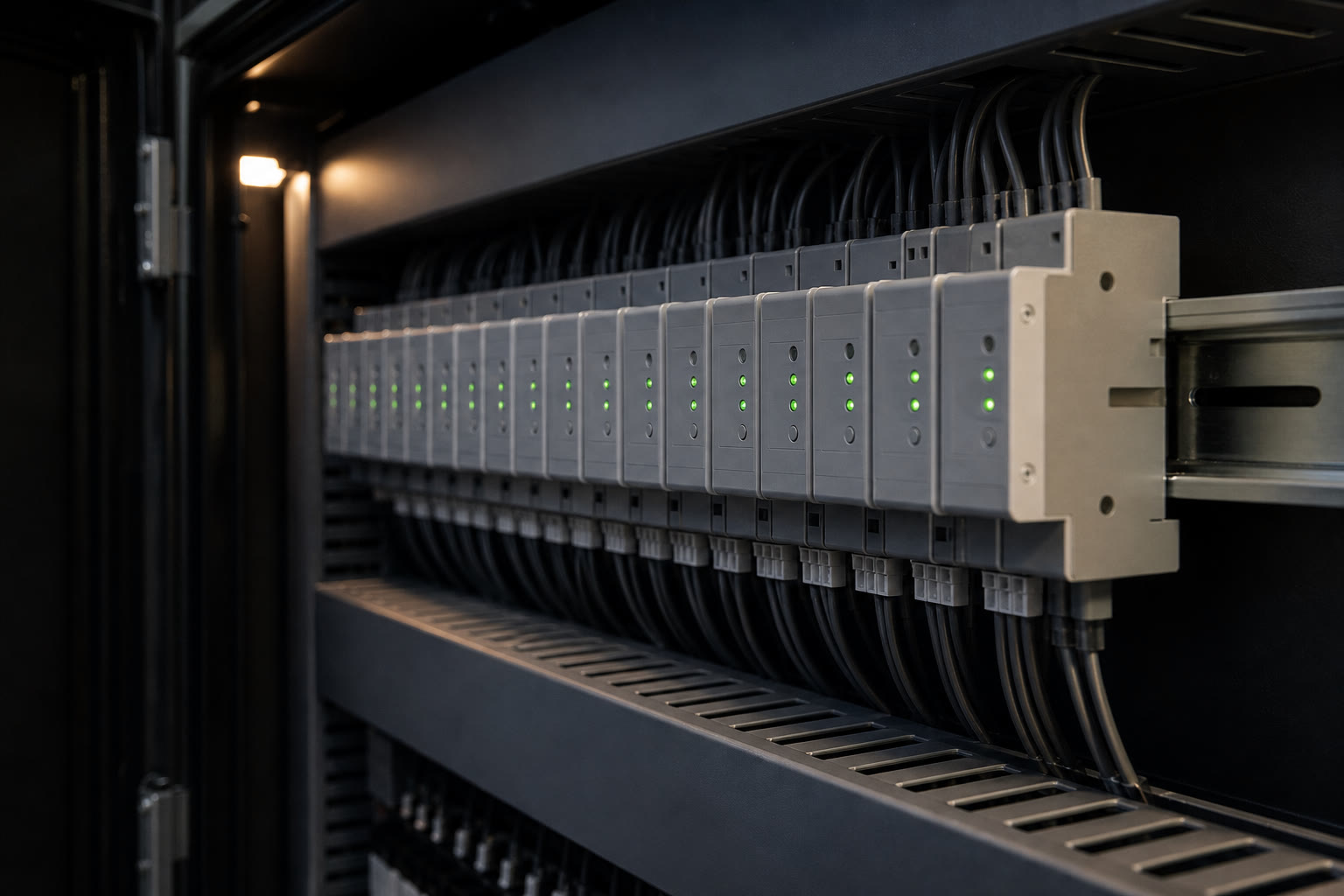 An electrical distribution board for lighting control, a long row of identical grey modules on DIN rail with small status LEDs and cabling dressed into trunking below.