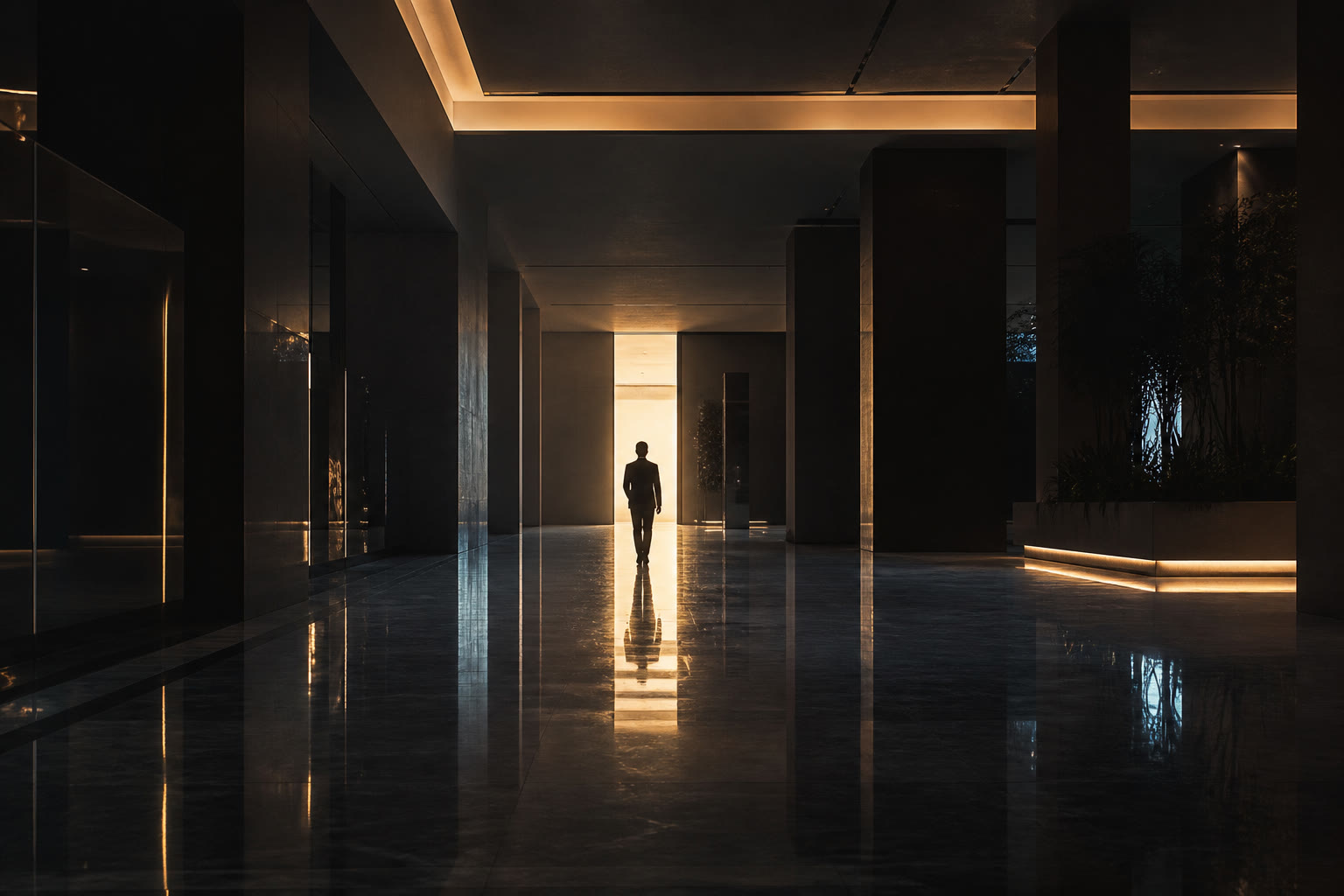 A single person walking through a dim corporate lobby at night, strongly backlit by a bright doorway so they read as a silhouette.