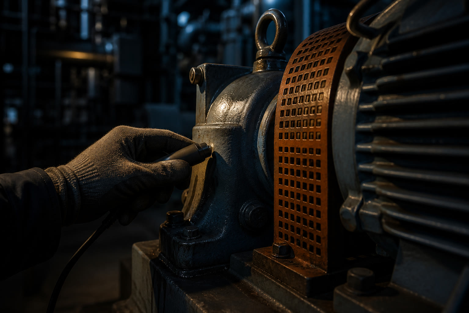 A close view of a large pump motor and coupling guard in a plant room, a gloved hand holding a small handheld probe against the bearing housing.