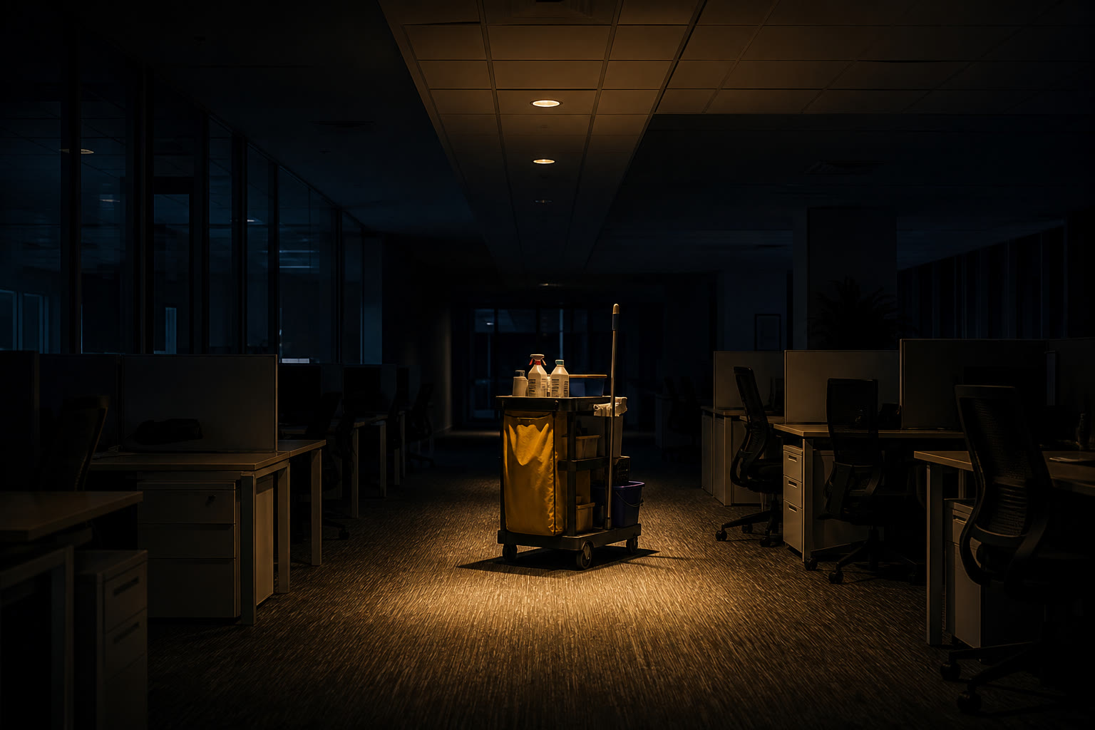 An office floor late at night, a cleaning trolley parked mid-aisle between empty desks, one bay of lights on overhead and the rest of the floor dark.