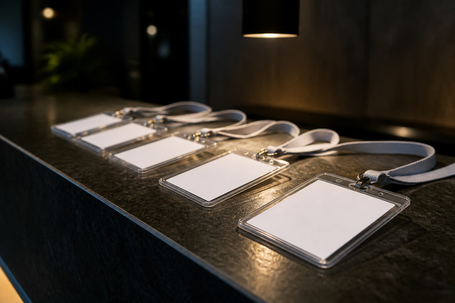 Several blank white card passes in clear holders with plain lanyards, laid out on a dark stone reception counter under a warm pendant light.