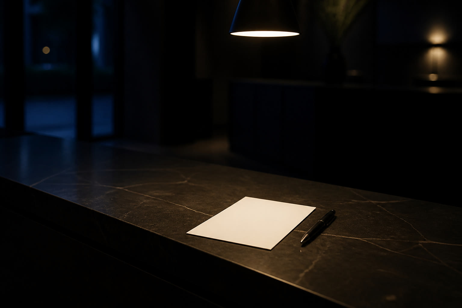A blank white slip of paper resting on a dark reception counter beside a pen, lit by one warm pendant with the rest of the counter in shadow.