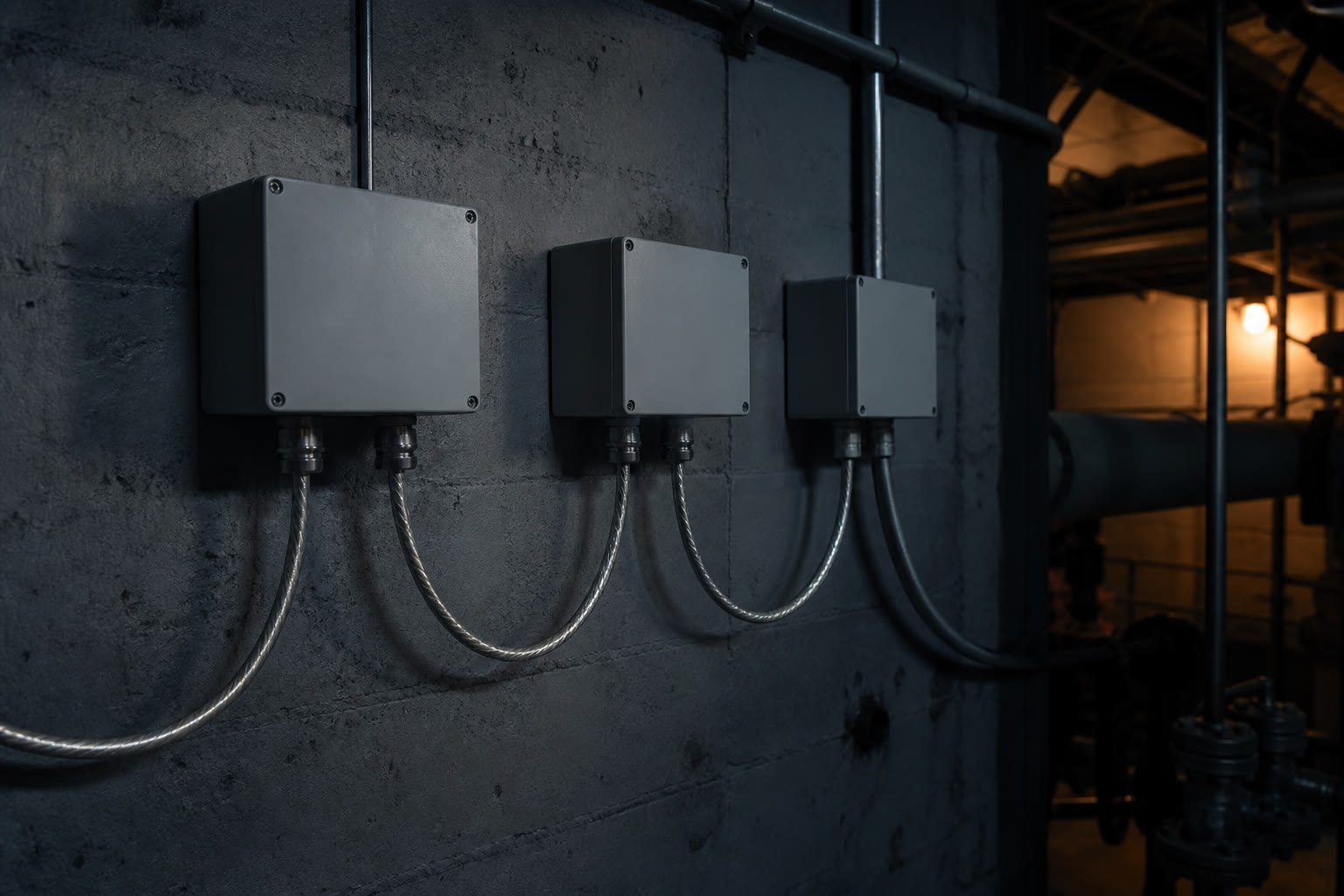 A shielded twisted pair daisy chain looping between three small enclosures on a plant room wall, glands and drip loops visible.
