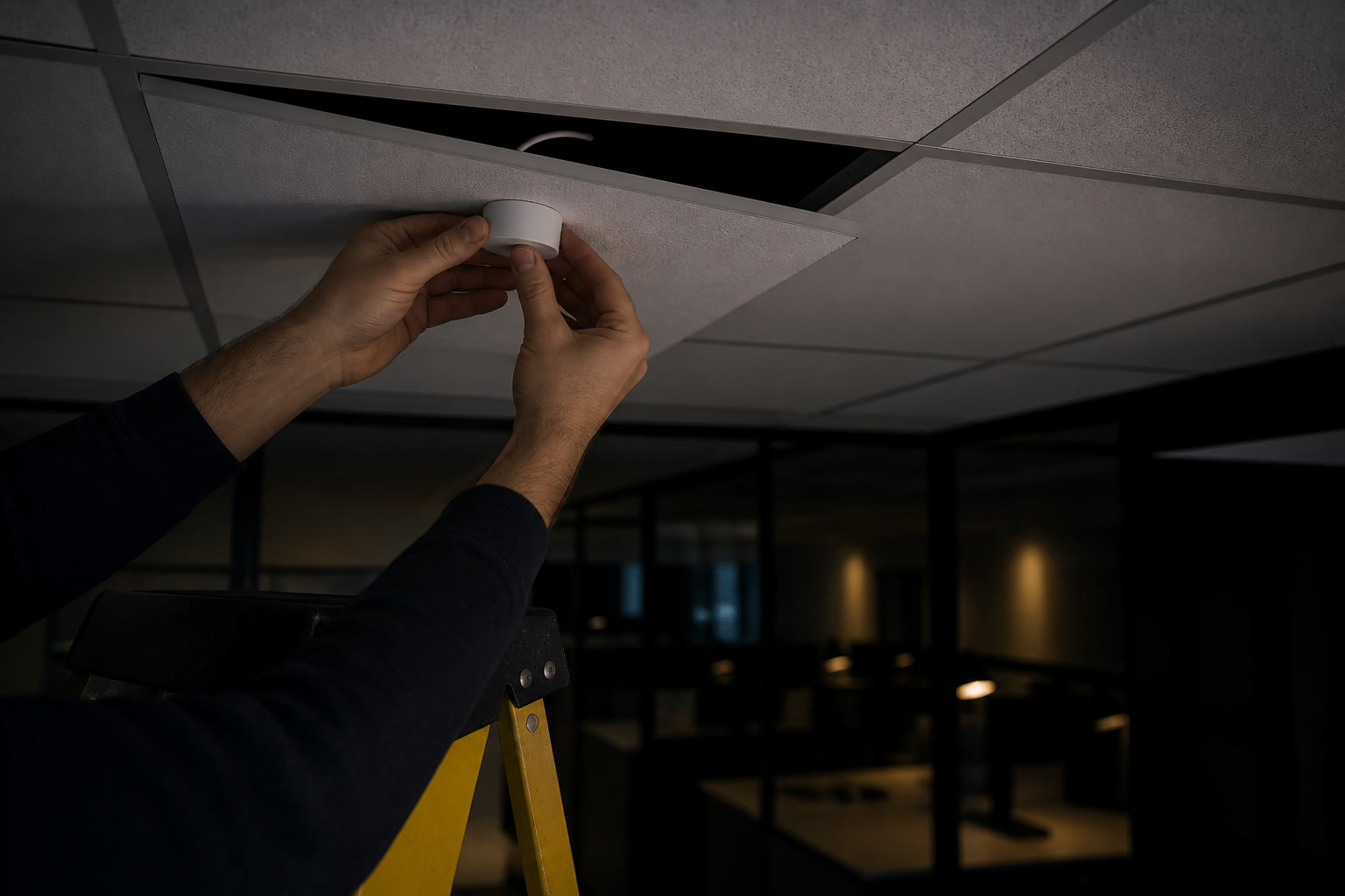 A technician's hands fitting a small plain sensor into a ceiling tile from a step ladder, cable tail visible above the tile, the office dark beyond.
