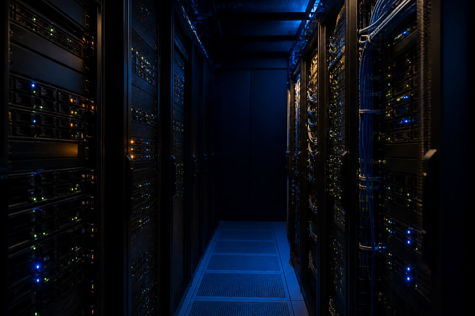 A short server room aisle at night, two racks facing each other with equipment status lights, blanking panels and cable management arms.