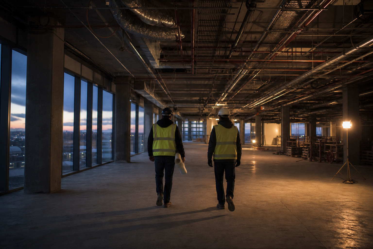 Two people in plain high-visibility vests seen from behind walking through an unfinished commercial floor at dusk, one carrying rolled drawings under temporary lighting.