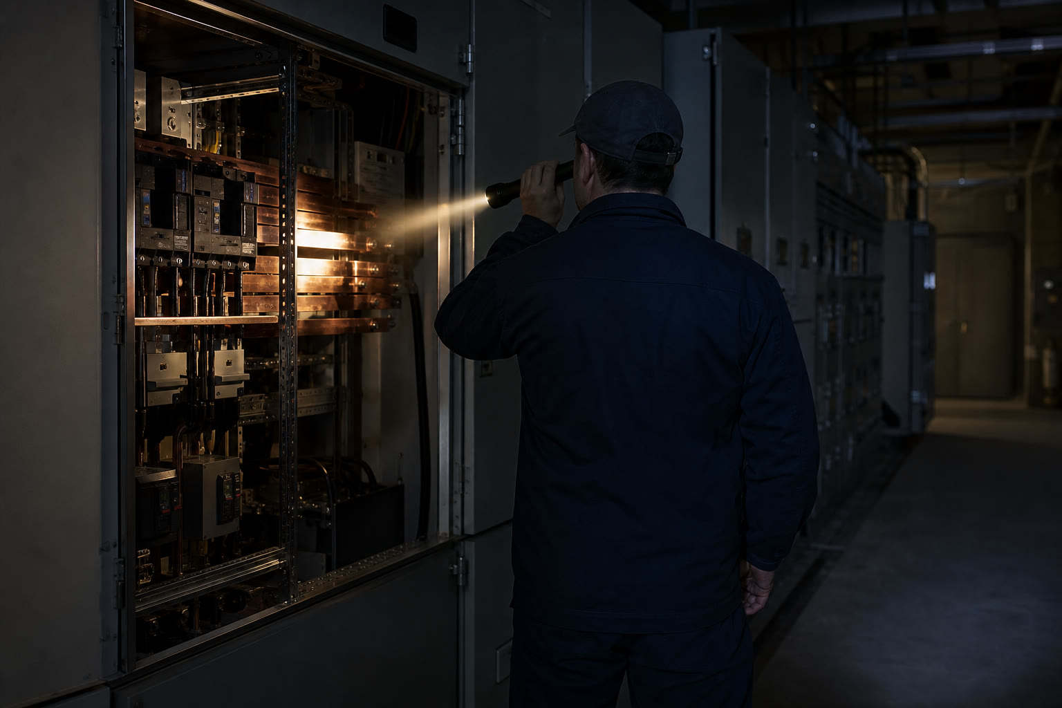 An engineer in plain workwear seen from behind at an open switchboard cubicle, a torch beam across the busbar chamber with other cubicles receding away.