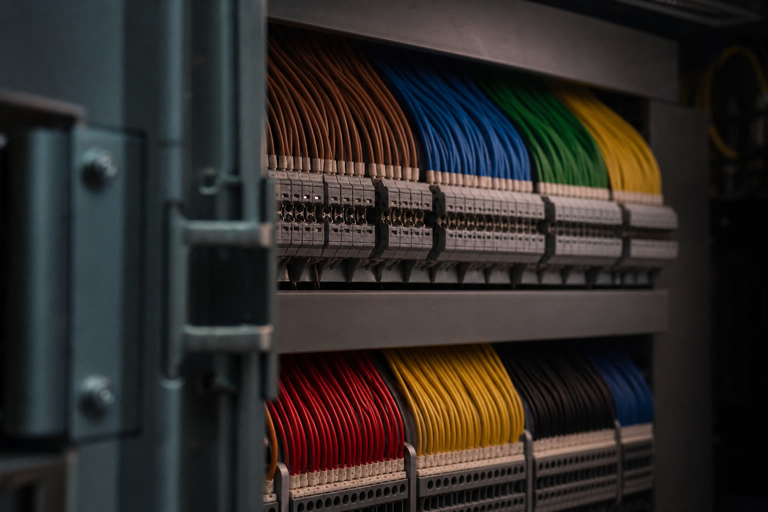 Colour-coded conductor bundles landed on terminal strips inside a control cabinet, each colour combed into its own neat run behind a hinged door edge.
