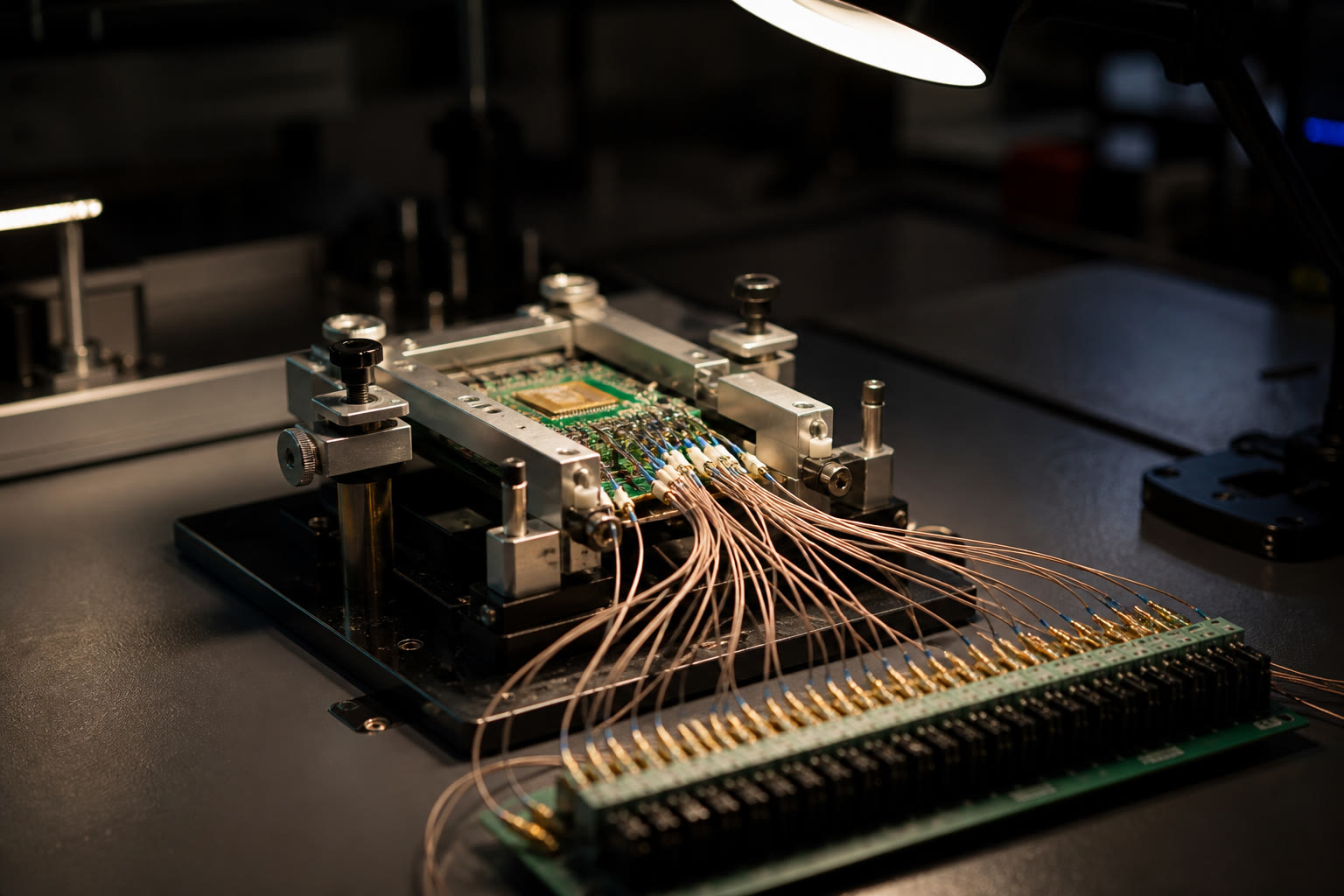 A conformance test rig on a laboratory bench, a circuit assembly clamped in a jig with fine test leads fanning out to a breakout board under a task lamp.