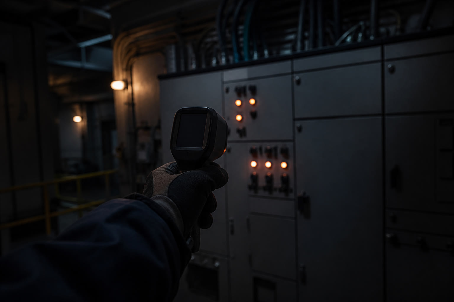 A gloved hand holding a small handheld inspection instrument toward an electrical panel in a plant room, the instrument screen turned away, panel lamps lit.