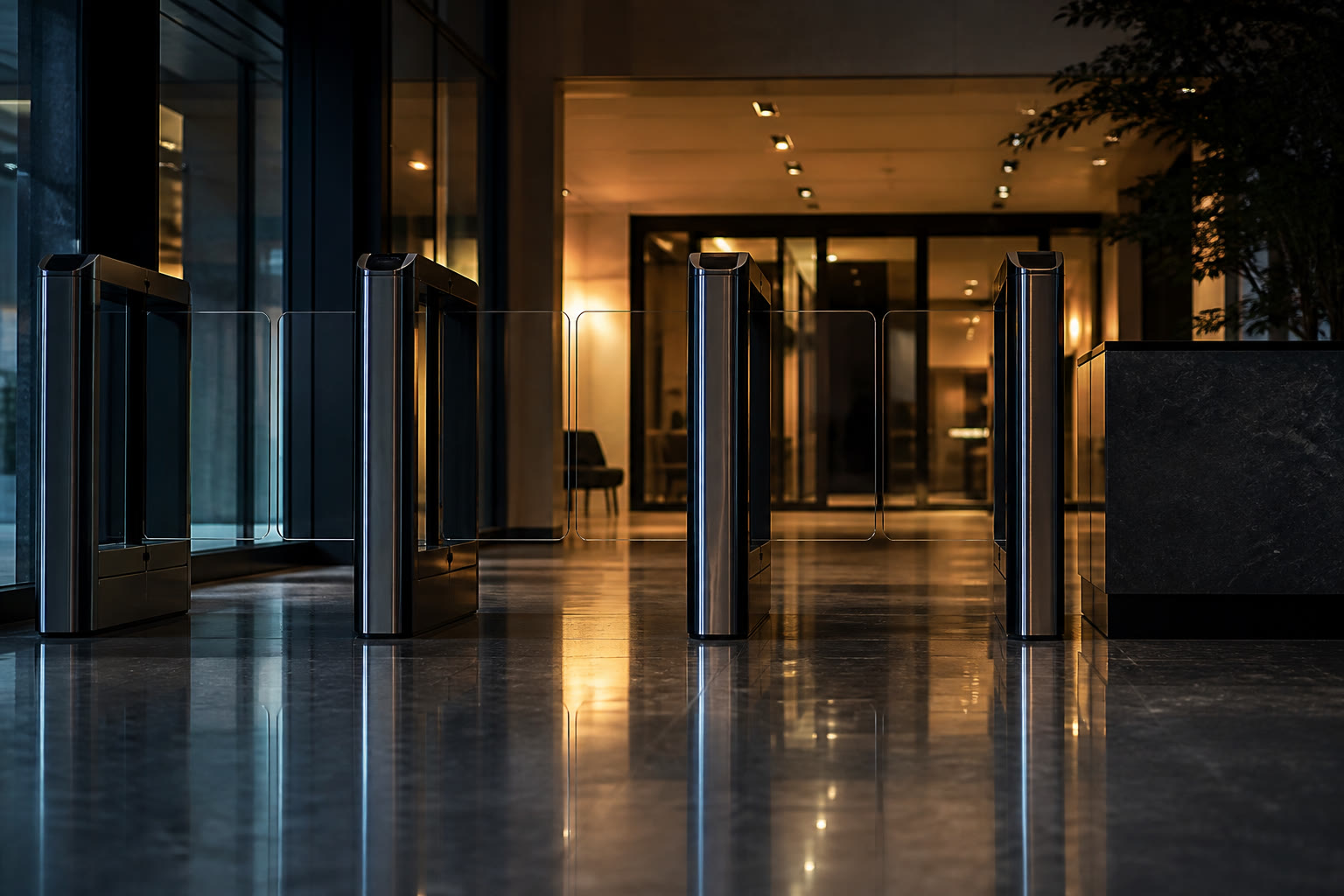 A row of speed gates in a lobby at night seen from behind at a low angle, barrier wings open with warm light beyond and the floor reflecting the gate glass.