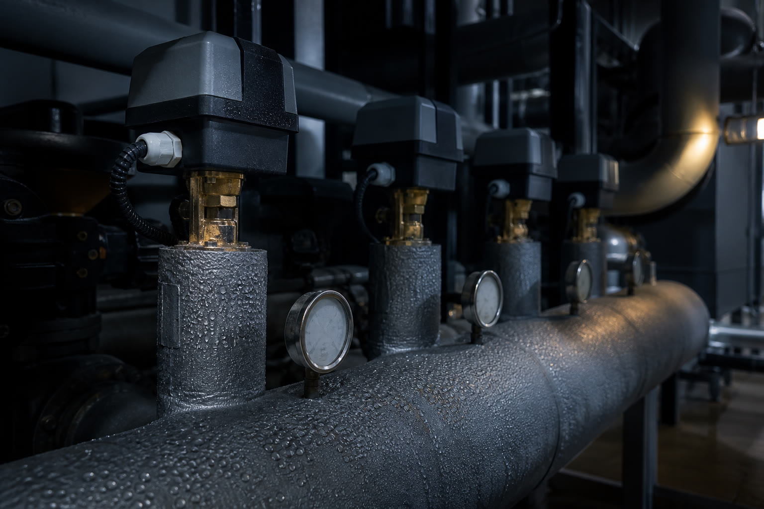 A close view of a chilled water valve manifold, motorised control valve actuators on branch pipes with pressure gauges, insulated headers and condensation on the pipe surface.