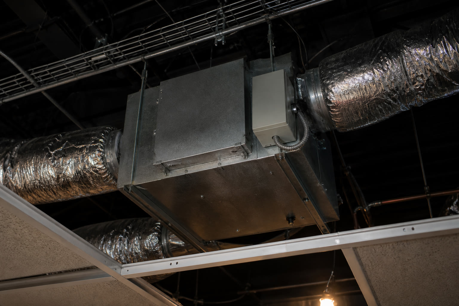A variable air volume terminal unit above an open ceiling tile, insulated flexible duct connections and a small control enclosure on its side, seen from below.