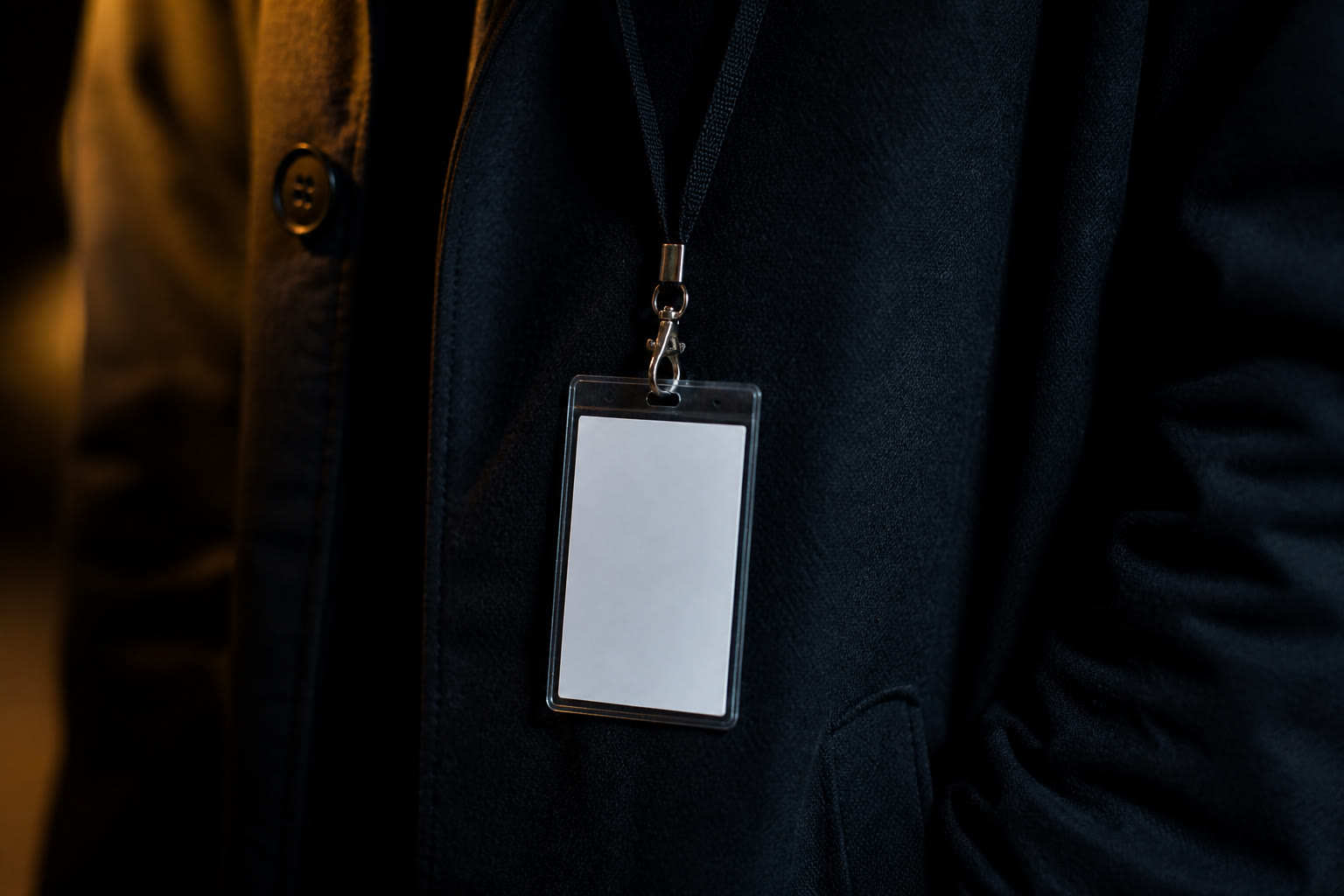 A single blank white card in a clear holder on a plain lanyard hanging against a dark coat, shallow depth of field with warm light from one side.